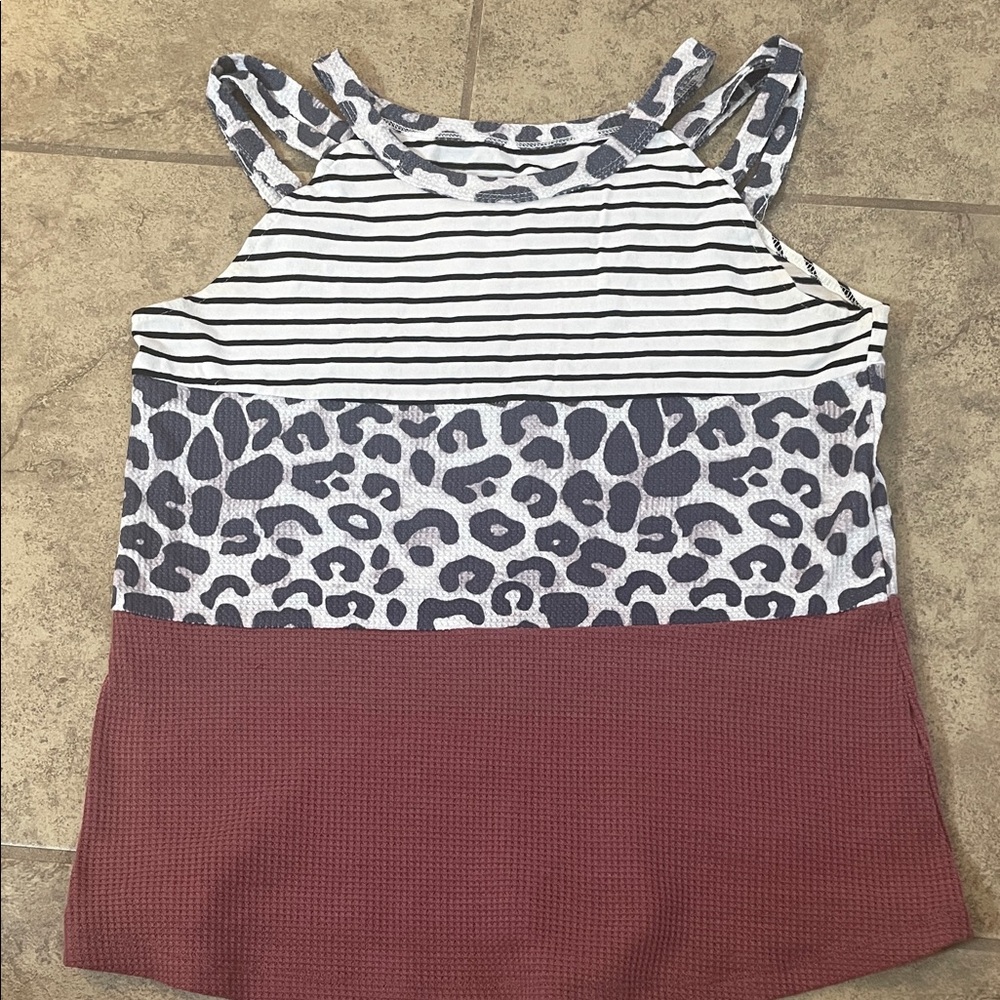 Source Unknown Striped, Leopard & Maroon Colorblock Tank Top